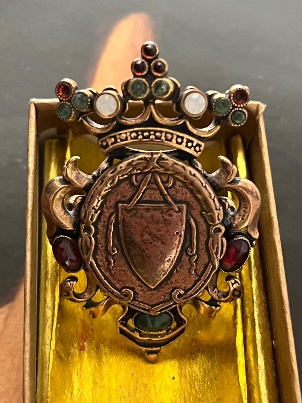 Alcozer Gold Plated Statement Ring Adjustable Ornate Crest Green Red Stones